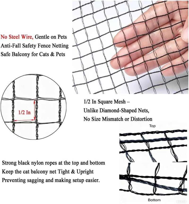 Vocray 10x20 ft Cat Netting Balcony, No Steel Wire, Anti-Fall Safety Net for Cats – Pet Balcony Screen, Catio Netting, Cat Fence Barrier for Apartment Balconies, Windows, Stair, Decks, Patios - Image 2